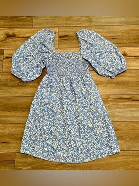 Tuckernuck Annie Smocked Mini Dress SZ Medium Blooms on Broad Blue Floral Linen